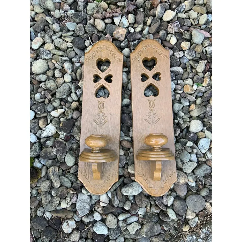 Vintage 1980s Burwood Heart Cutout & Tulip Flower Faux Wood Wall Sconces 15